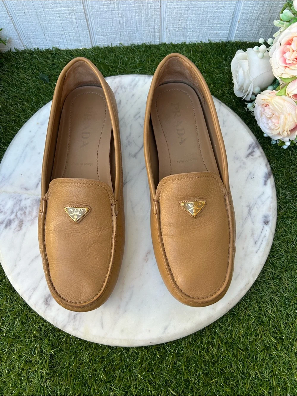 Prada Triangle Logo Driving Loafer Women 41 US 11 gently used  camel brown